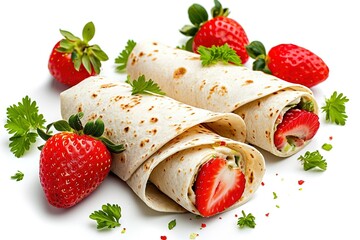 tortilla wrap and strawberries over a white background