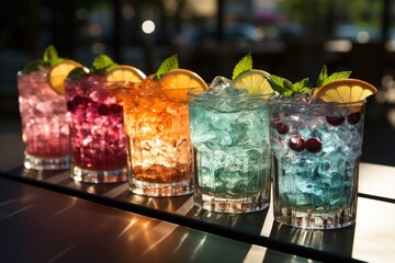 Colorful cocktails with bright ice in glasses., generative IA