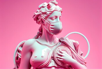 3D Model Aphrodite With Medical Mask On Pink Background. Generative AI