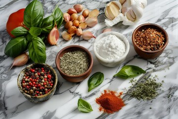 various ingredients with spices and herbs on a surface