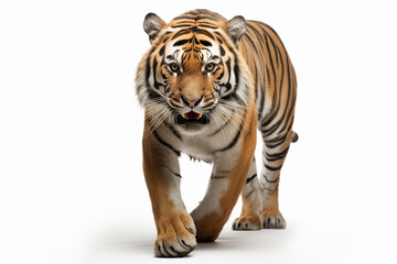 Obraz premium Tiger Charging on a White Background. Beautiful feline portrait
