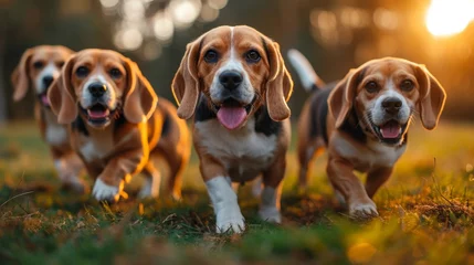 Poster Running beagle dogs run on the green grass in summer © Александр Лобач