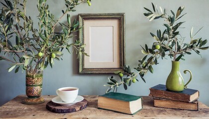 elegant mediterranean home interior summer home still life photo vase with green olive tree branches wooden table blank picture frame mockup hanging on wall cup of coffee tea and old books