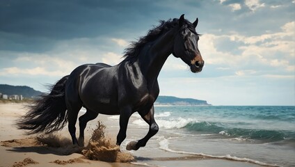 beautiful black horse playing on beach