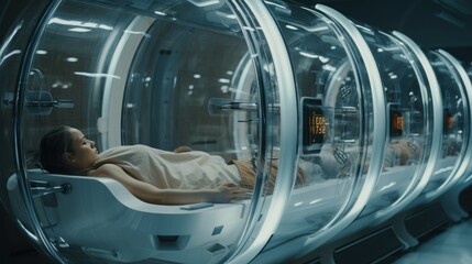 Team of astronauts in hypersleep anabiosis chamber aboard the orbital station. A crew of cosmonauts in hibernation. People in space. Galactic travel and science concept. - obrazy, fototapety, plakaty