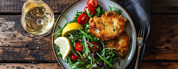 fish cutlet with a tasty garden salad and a glass of crisp white wine - obrazy, fototapety, plakaty