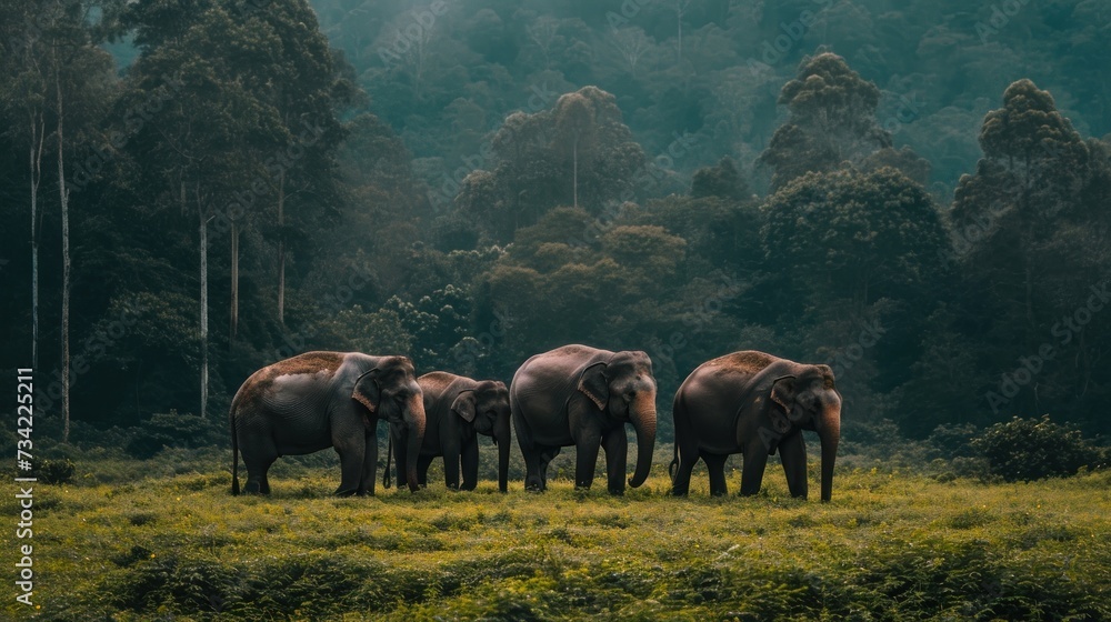 Poster a group of elephants standing in the middle of a lush green field with trees in the back ground and 