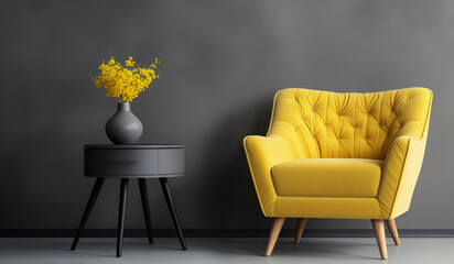 A modern minimalist interior design. Living room with empty concrete wall background in modern house. Yellow chair and black table in room. Generative Ai. - obrazy, fototapety, plakaty