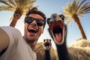Humorous Ostrich selfie funny head. Nature eye bird. Generate Ai