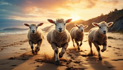 beautiful happy lambs running on beach at sunset  - obrazy, fototapety, plakaty