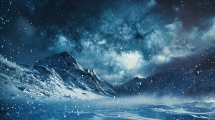  a snowy mountain covered in snow under a night sky filled with stars and a star filled sky filled with stars and clouds, with a mountain in the foreground of the foreground.