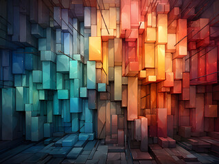 colorful images of squared shapes placed on a brick wall