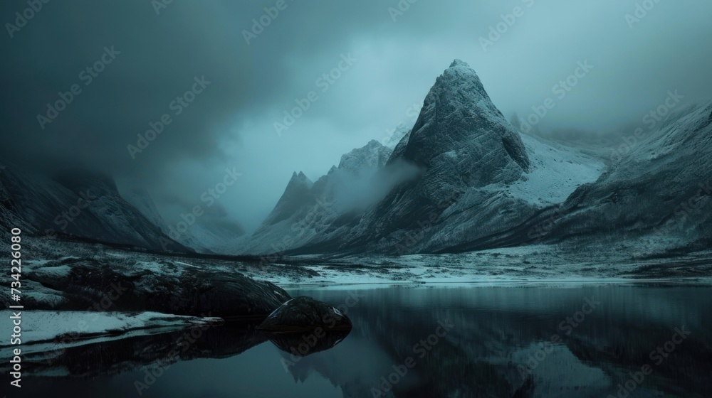Poster a mountain range with a lake in the foreground and a snow covered mountain in the background in the 