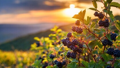 black berry bushes against the setting sun