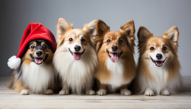 Cute pets sitting in a row, looking at camera, smiling generated by AI