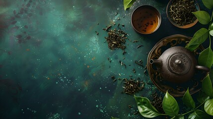 Traditional asian tea ceremony setup, with teapot and loose leaves on a mystic dark background. a moment of tranquility and culture. perfect for zen themes. AI