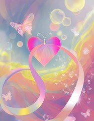 illustration of an background, heart with butterflies and flowers