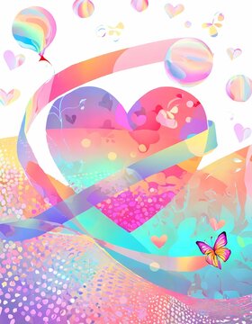 illustration of an background, heart with butterflies and flowers
