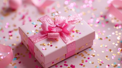  a pink gift box with a pink bow sitting on a pink and gold confetti tablecloth with pink and gold confetti confetti around it.