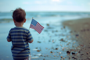 Child on the Beach with American Flag 
