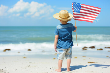Child on the Beach with American Flag  - 734226884