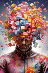 vertical Abstract illustration Art of Man with Colorful cubes on his head