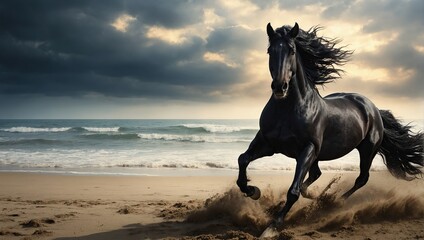 Black Friesian horse gallop on beach - obrazy, fototapety, plakaty