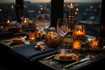 Fototapeta na wymiar Sophisticated dinner in Manhattan, with stunning view., generative IA
