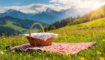 picnic duvet with empty bascket on the meadow in nature - obrazy, fototapety, plakaty