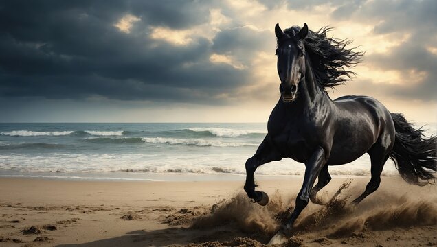 Black Friesian horse gallop on beach