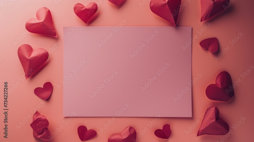 Aufkleber a sheet of paper surrounded by hearts on a pink background with space for a text or a picture to put