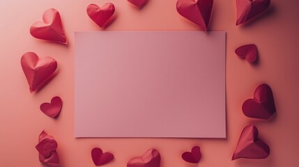  a sheet of paper surrounded by hearts on a pink background with space for a text or a picture to put on a card or for valentine's day or valentine's day.