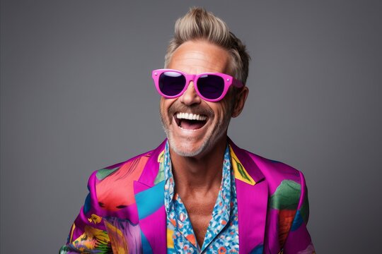 Handsome middle aged man in colorful jacket and sunglasses laughing.