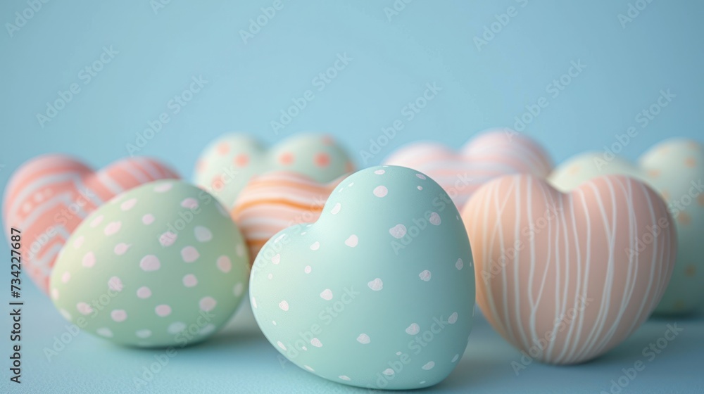 Aufkleber a row of pastel colored eggs in a row on a light blue background with white polka doted eggs in the 