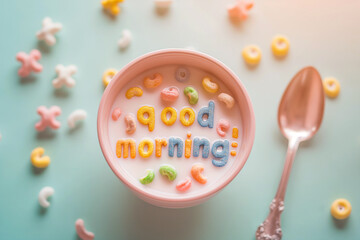 Words made of colorful cereal. Good Morning message in a bowl. Simple and fast breakfast. National cereal day. Minimal creative food concept