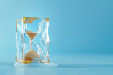 Hourglass in ice cube, frozen time. Stopping the time concept, freeze time, sand clock in ice, copy...