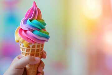 Hand holding rainbow ice cream. Closeup shot of rainbow ice cream dessert with space for text. Ice cream in waffle cone in a hand with the LGBT Flag colors. Pride month, summer and pride concept