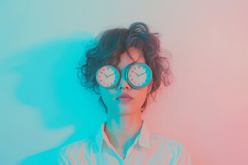 Woman hiding her face with alarm clocks. Time management, schedule, deadline, time concept. Flow of time, rush and hurry, timing, organizing, planning, punctuality, lack of free time. Don't be late!