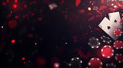 Dramatic casino themed backdrop with poker chips and ace card. ideal for gaming advertisements and graphic design. high contrast, dark background. AI