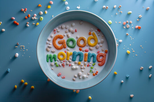 Words made of colorful cereal. Good Morning message in a bowl. Simple and fast breakfast. National cereal day. Minimal creative food concept