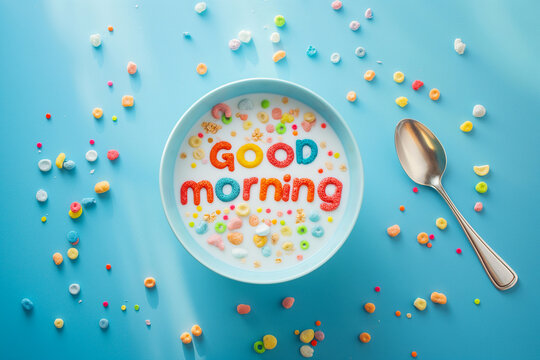 Words made of colorful cereal. Good Morning message in a bowl. Simple and fast breakfast. National cereal day. Minimal creative food concept