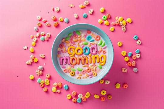 Words made of colorful cereal. Good Morning message in a bowl. Simple and fast breakfast. National cereal day. Minimal creative food concept