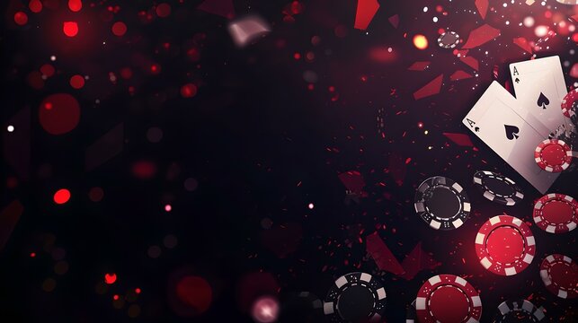 Dramatic casino themed backdrop with poker chips and ace card. ideal for gaming advertisements and graphic design. high contrast, dark background. AI