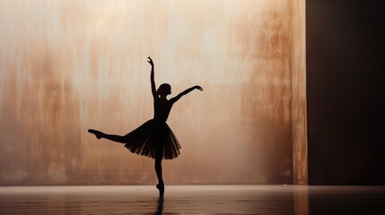  a ballerina in a ballet pose with her arms in the air and her leg in the air, in front of a wall with a light shining on the floor.