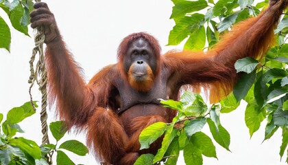 orang utan ape hanging on a vine in the trees isolated on a white background as transparent png