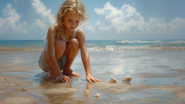 Small girl in playing at beach, crouching, searching for shells in the sand.


