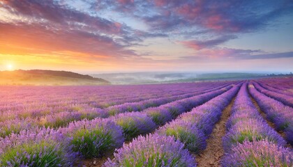 Naklejka premium meadow of lavender at sunrise