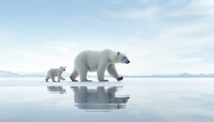 Fluffy arctic mammal standing on ice, surrounded by tranquil nature generated by AI