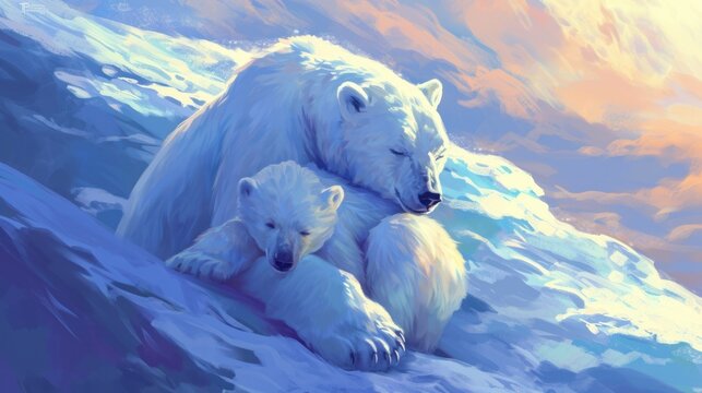  a painting of a mother polar bear and her cub resting on an iceberg with a colorful sky in the background and sun shining through the clouds over the water.
