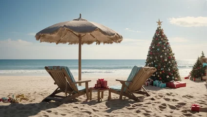 Foto auf Acrylglas Christmas morning at the beach in with beach chairs and a sand christmas tree © HEAVEN LIFE